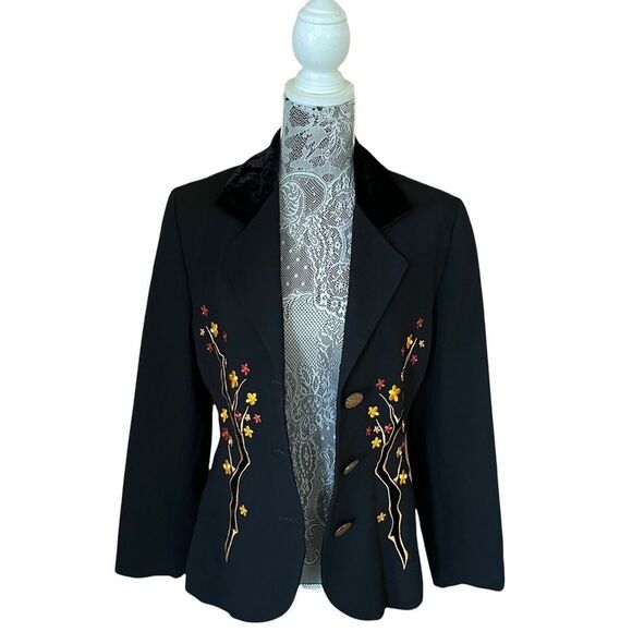 VINTAGE Christian Linares Embroidered Floral Blazer Black - Picture 4 of 8